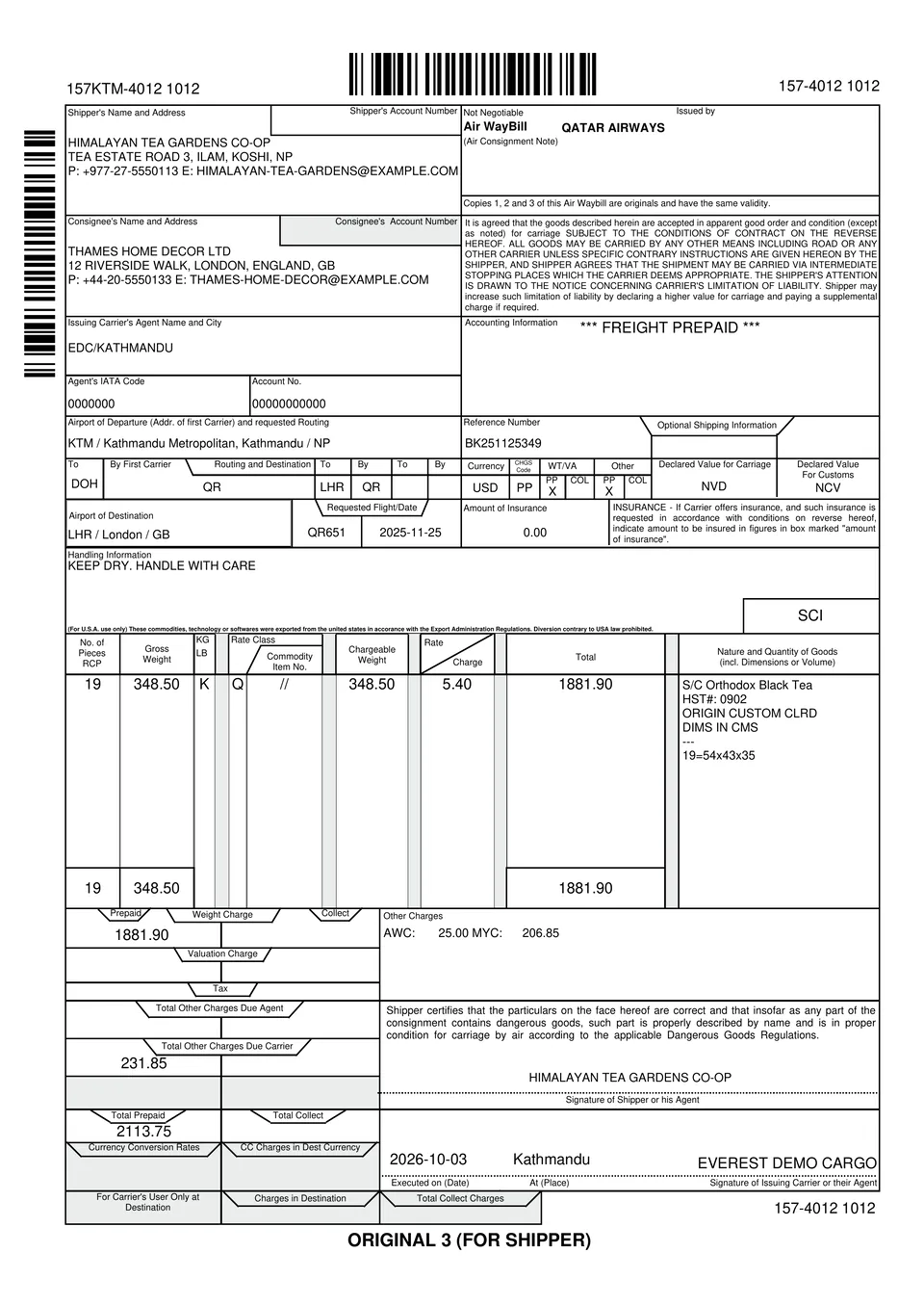 A Kaede master air waybill, Original 3 for the shipper