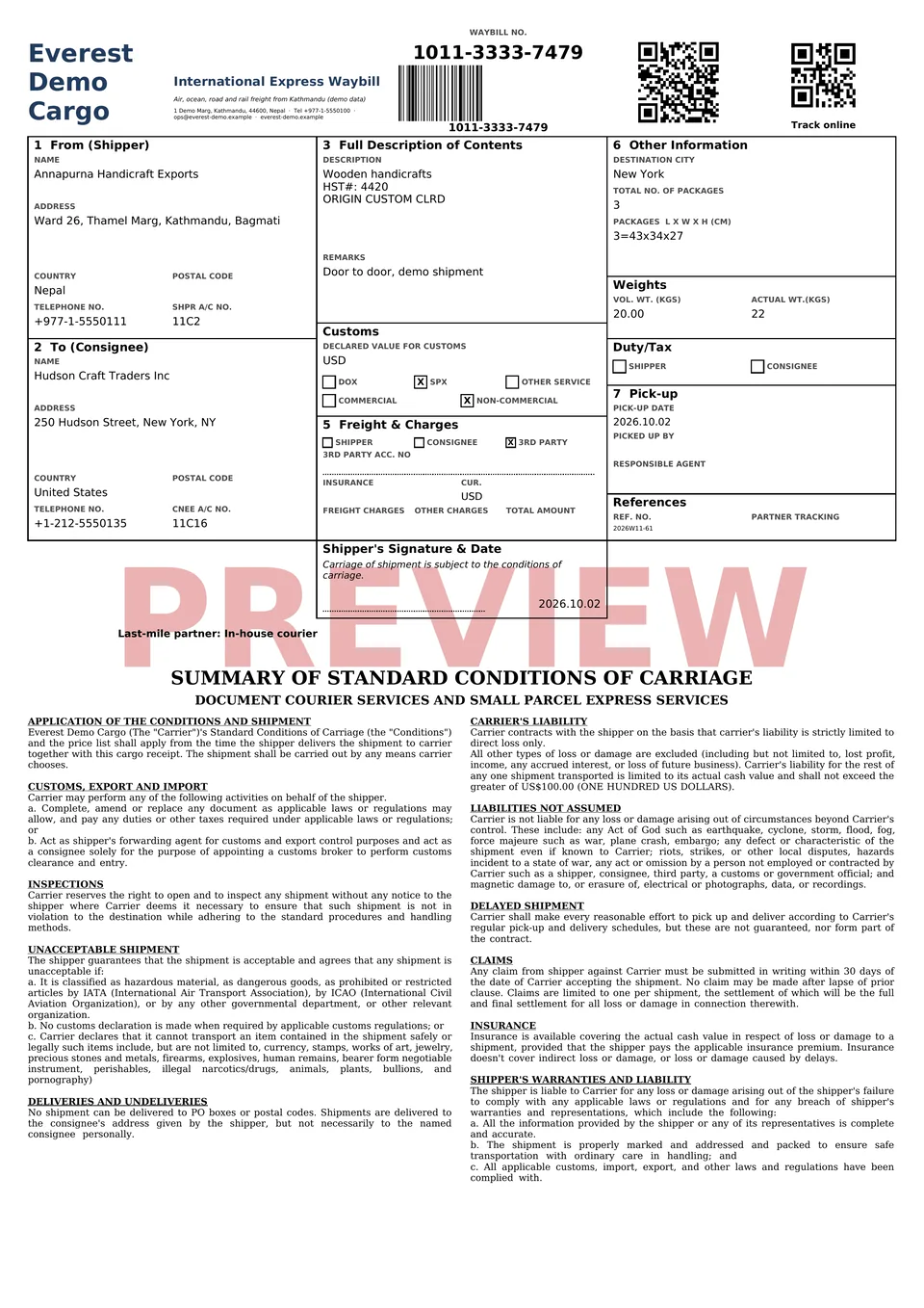 A Kaede courier waybill with a barcode, two QR codes and the conditions of carriage, marked PREVIEW