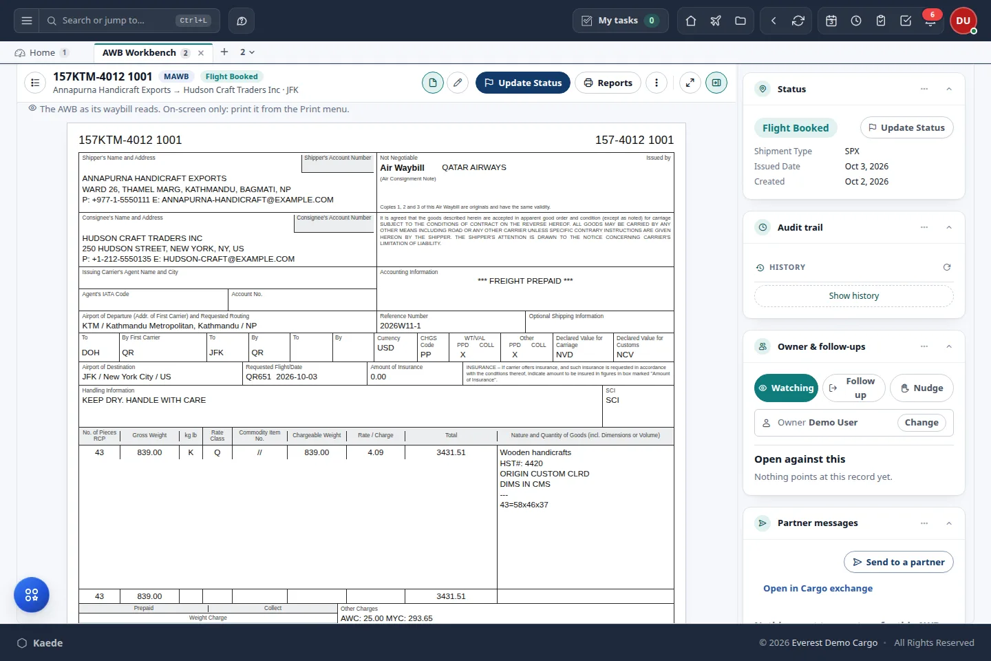 The Kaede AWB workbench: an air waybill as it prints, with its status, audit trail and owner beside it